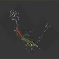 Green Aquatic Creature With Red Tail And Yellow Eyes Swimming In Dark Underwater With Bubbles