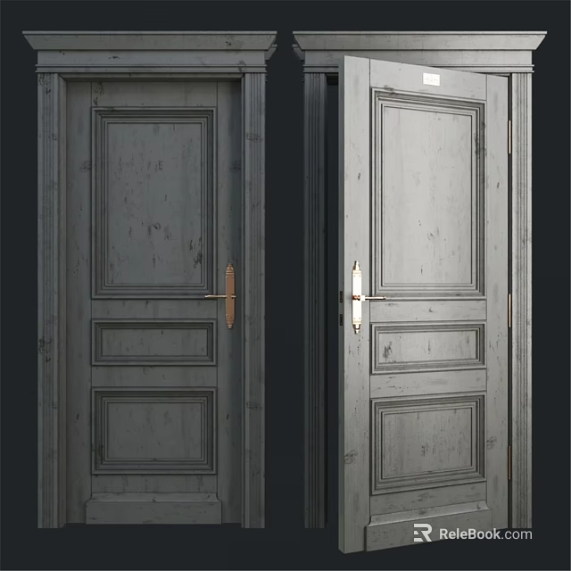 Rustic Gray Wooden Hinged Doors with Panel Design and Brass Silver Handles 3d model 