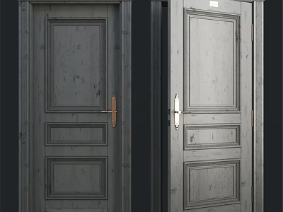 Rustic Gray Wooden Hinged Doors with Panel Design and Brass Silver Handles 3d model
