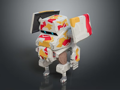 Robot Character With White Yellow Red Star Patterns And Mechanical Body Design 3d model