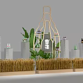 Decorative Scene With Bottle Shaped Frame Green Plants Straw Piles Columns Bottles And Snow Sign