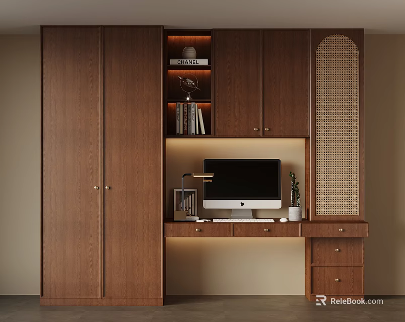 Modern Brown Bookcase Interior With Computer Books Lighting Drawers And Storage Cabinets 3d model