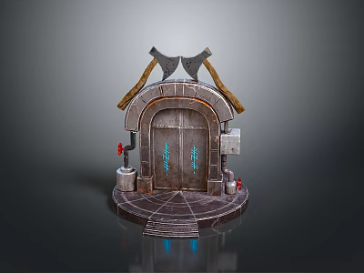 Scenic Landscape With Ancient Building Entrance Arched Door Axe Decorations And Stone Steps 3d model