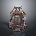 Scenic Landscape With Ancient Building Entrance Arched Door Axe Decorations And Stone Steps