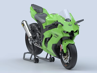 Green Sports Motorcycle With Black Seat Transparent Windshield Metallic Exhaust Pipe And Side Stand 3d model