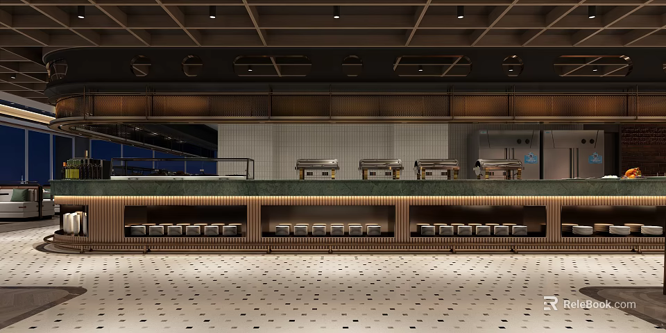 Modern Restaurant Buffet Dining Area With Warming Stations And Patterned Tile Floor 3d model 