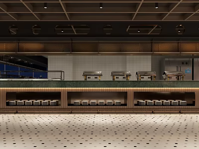 Modern Restaurant Buffet Dining Area With Warming Stations And Patterned Tile Floor 3d model