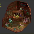Cartoon Wooden Cabin Interior Scene With Cabinet Table Spider Web Plants And Fish 3d model