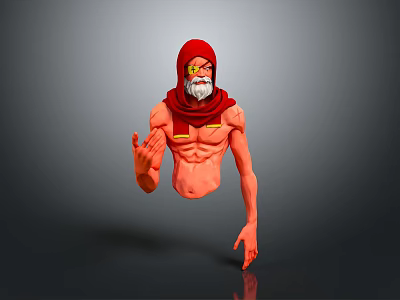 Shirtless Man With Red Hood One Yellow Eye Beard And Outstretched Arm In Gray Background 3d model