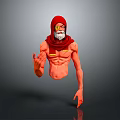 Shirtless Man With Red Hood One Yellow Eye Beard And Outstretched Arm In Gray Background