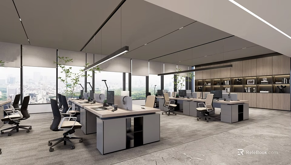 Modern Public Office Area With Spacious Desks Ergonomic Chairs Large Windows And Green Plants 3d model 