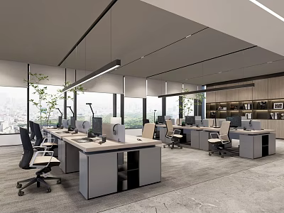 Modern Public Office Area With Spacious Desks Ergonomic Chairs Large Windows And Green Plants 3d model