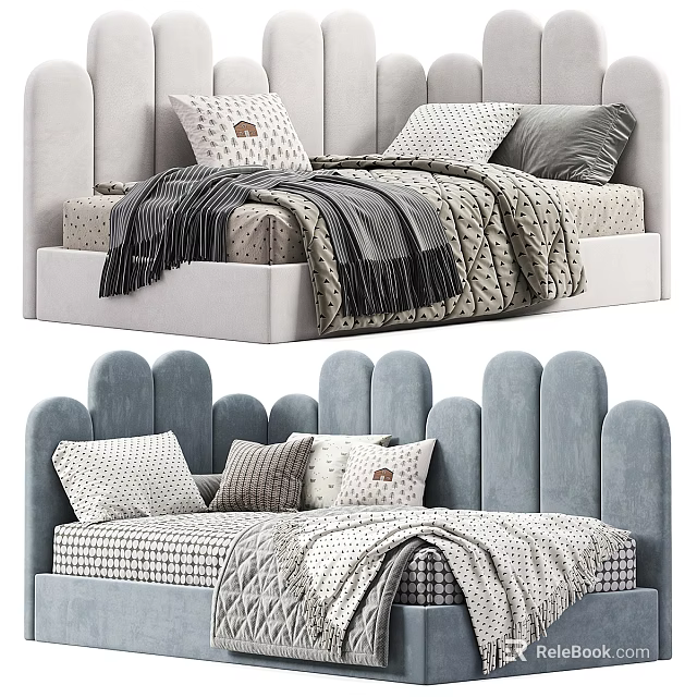 Kids Bed With Scalloped Upholstered Headboard Light Blue Decorative Pillows And Cozy Blankets 3d model 