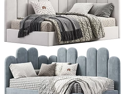 Kids Bed With Scalloped Upholstered Headboard Light Blue Decorative Pillows And Cozy Blankets 3d model