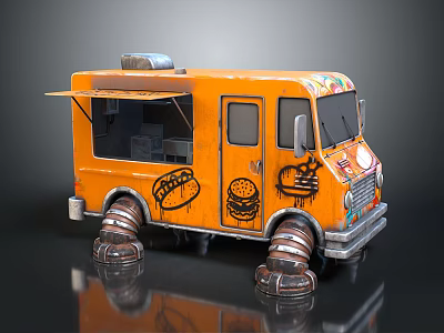 Orange Food Truck With Hamburger Hot Dog Graffiti And Mechanical Style Wheels 3d model