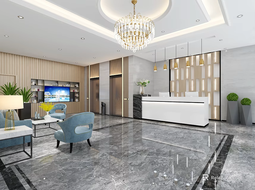 Modern Hotel Lobby Interior With Chandelier Reception Desk Marble Floor And Seating Area 3d model 