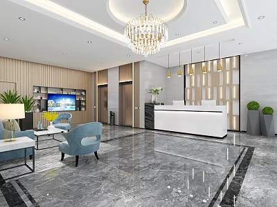 Modern Hotel Lobby Interior With Chandelier Reception Desk Marble Floor And Seating Area 3d model