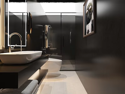 Modern Hotel Bathroom Interior With White Sink Glass Shower Large Mirror And Lighting 3d model