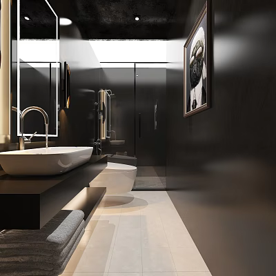 Modern Hotel Bathroom Interior With White Sink Glass Shower Large Mirror And Lighting 3d model