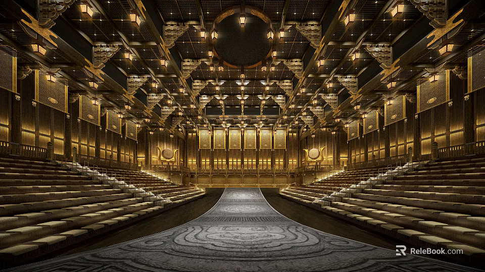Religious Worship Hall Featuring Majestic Interior Rows Of Seats And Intricate Ceiling Decor 3d model 