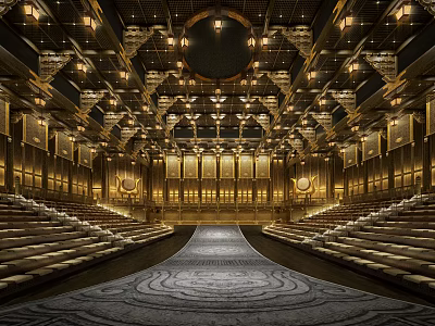 Religious Worship Hall Featuring Majestic Interior Rows Of Seats And Intricate Ceiling Decor 3d model