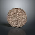 Ancient Circular Artifact With Intricate Carved Patterns On Dark Background 3d model