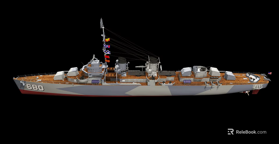 Military Warship Deck Displaying Colorful Flags Naval Guns And Upper Structure Details 3d model 