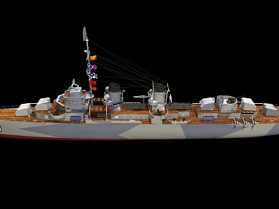 Military Warship Deck Displaying Colorful Flags Naval Guns And Upper Structure Details 3d model