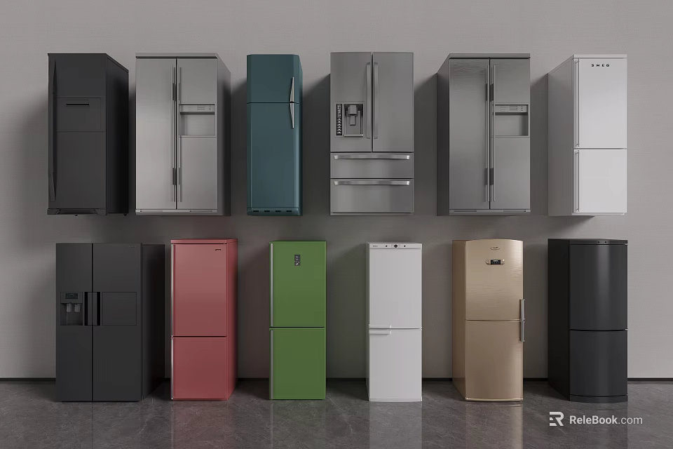 Refrigerators and Freezers in Multiple Colors with Modern Designs for Home Appliances 3d model 