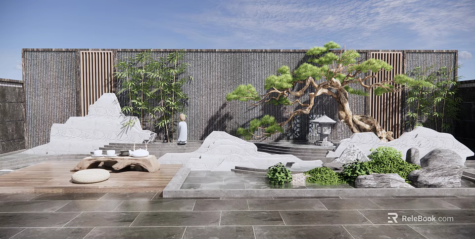 Modern Courtyard Garden Featuring Rock Formations Pine Tree Stone Lantern And Wooden Screen 3d model 