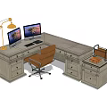 L shaped Wooden Office Desk With Dual Monitors Gold Lamp Brown Chair And Side Cabinet