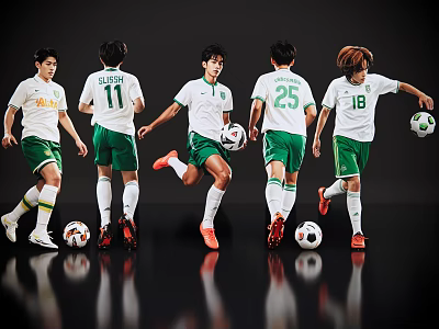 Group of Men in White Jerseys Green Shorts with Numbers Running and Holding Footballs 3d model