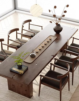 New Chinese Style Tea Table and Chair Tea Set Wood Floor Venetian Blinds 3d model