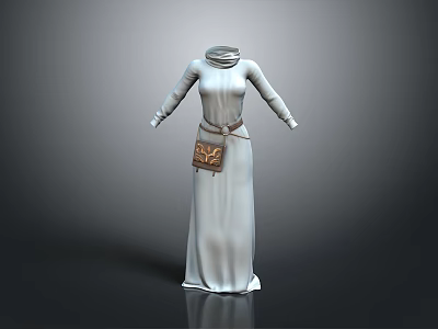 Elegant White Floor Length Robe With High Neck Long Sleeves And Decorative Waist Bag 3d model