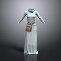 Elegant White Floor Length Robe With High Neck Long Sleeves And Decorative Waist Bag
