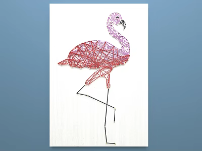 Creative Flamingo String Art Animal Drawing With Red Thread On White Wooden Canvas 3d model