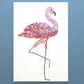 Creative Flamingo String Art Animal Drawing With Red Thread On White Wooden Canvas 3d model