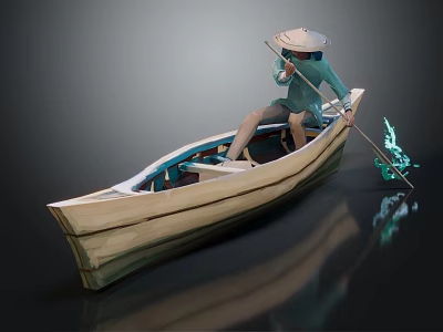 Traditional Wooden Boat With Person In Conical Hat Paddling On Calm Water 3d model