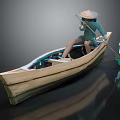 Traditional Wooden Boat With Person In Conical Hat Paddling On Calm Water