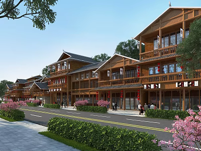 Traditional Commercial Street With Multi Story Wooden Buildings Pink Flowers And Green Plants 3d model