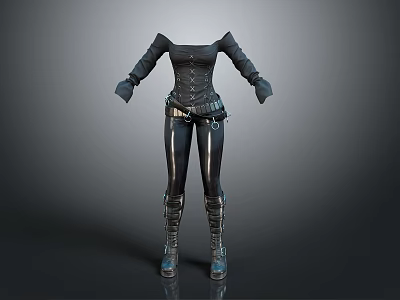 Black Corset Style Outfit With Long Sleeves Tight Pants And Boots 3d model