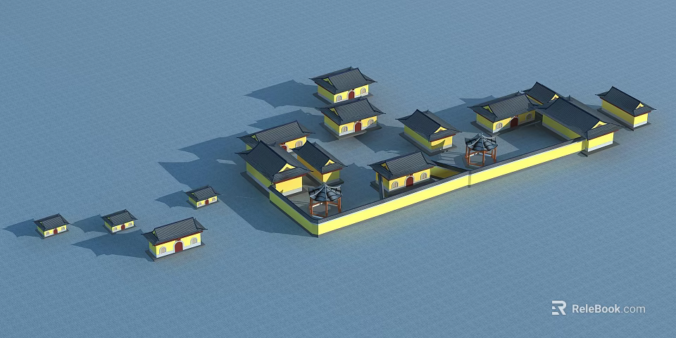 Ancient Architecture Complex Featuring Multiple Traditional Buildings With Symmetrical Courtyard And Classic Roof Design 3d model 