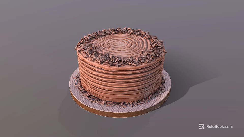 Delicious Chocolate Cake With Spiral Cream Decoration And Chopped Chocolate Sprinkles On Round Tray 3d model 