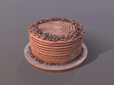 Delicious Chocolate Cake With Spiral Cream Decoration And Chopped Chocolate Sprinkles On Round Tray 3d model