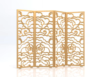 Golden Carved Folding Screen with Intricate Cloud and Floral Patterns Four Panel Design 3d model