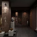 Chinese Style Gallery Corridor With Traditional Paintings Wooden Frames And Wall Lighting