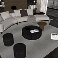 Modern Light L Shaped Sofa And Dark Round Coffee Table Set With Ottomans Bookshelf Lamp