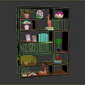 Modern Wooden and Black Shelving Unit with Potted Plants Decorative Items Books and Trophy
