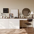 Minimalist Dressing Table with Round Mirror Table Lamp Decorative Items and Chair 3d model