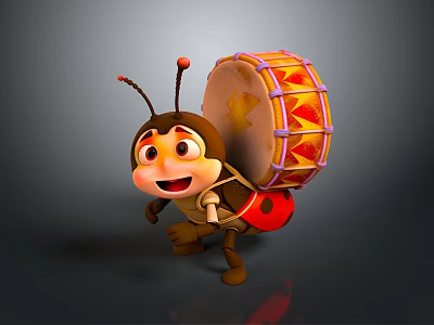 Cute Smiling Cartoon Ant Carrying Vibrant Drum With Red Spots And Antennae 3d model